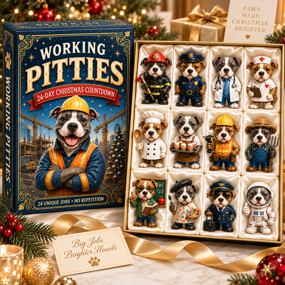 2026 Working Pitties 24-Day Christmas Countdown Calendar – 24 Unique Career Pit Bull Miniatures, Funny Working Dog Collector’s Gift for Pittie Lovers