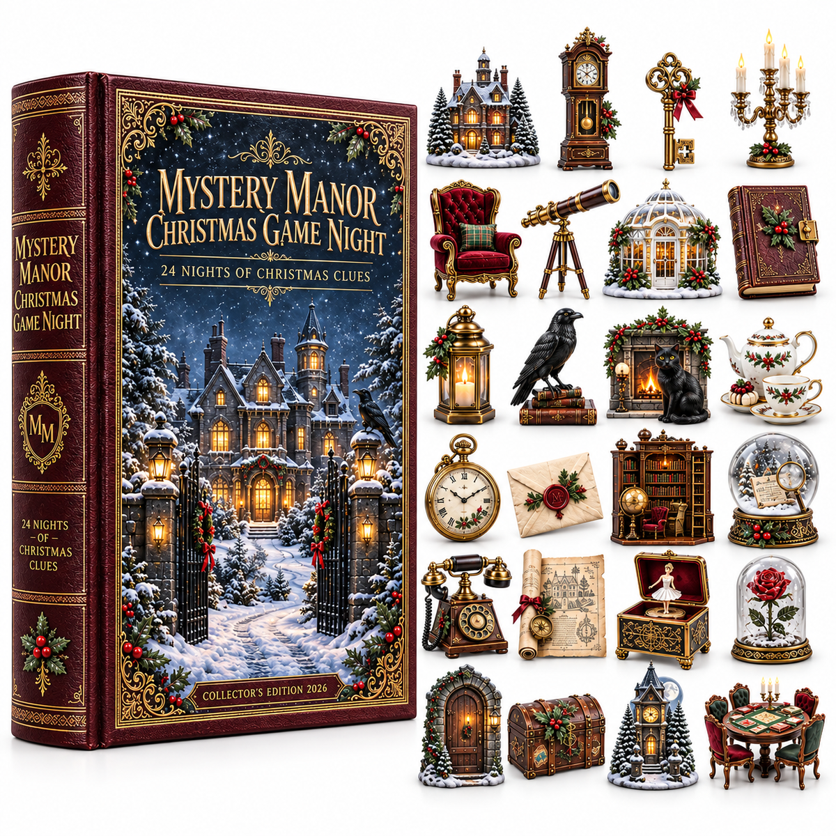 Mystery Manor Christmas Game Night 2026 – 24 Nights of Christmas Clues Countdown Calendar with 24 Unique Collectible Miniatures, Vintage Manor Mystery Gift for Puzzle & Game Lovers