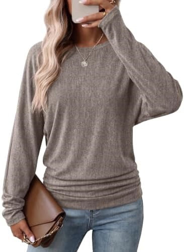Womens Long Sleeve Shirts Ruched Hem Fall Tops Lightweight Sweaters ✨