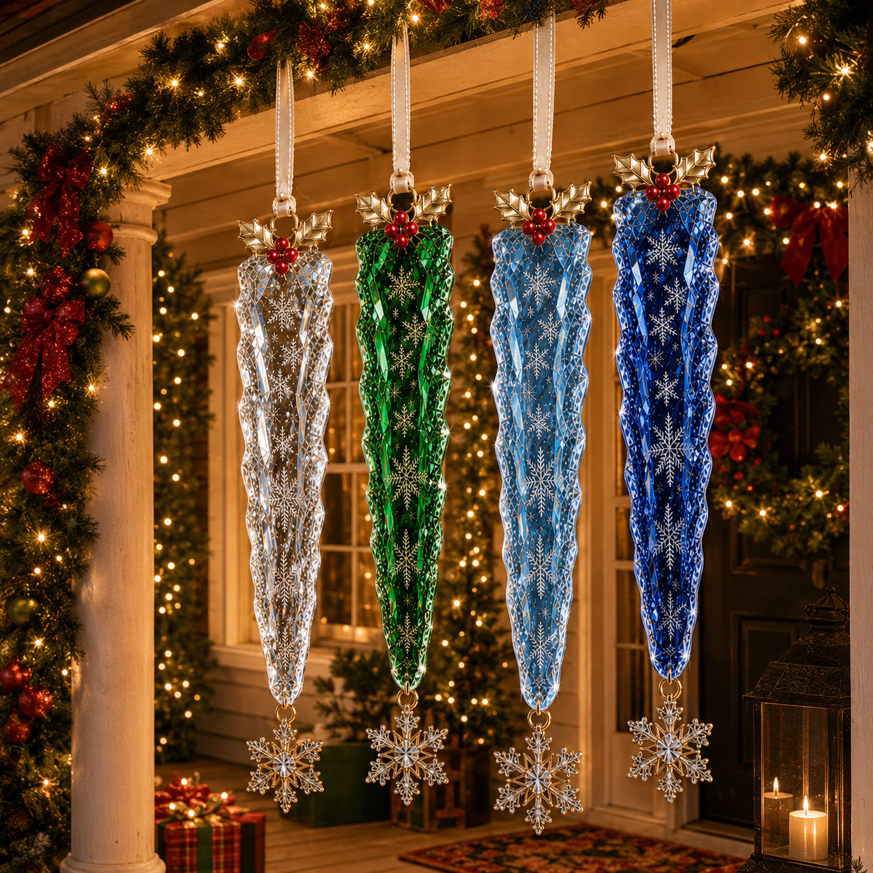 Premium Crystal Icicle Christmas Ornaments – 4-Piece Elegant Holiday Tree Decoration Set