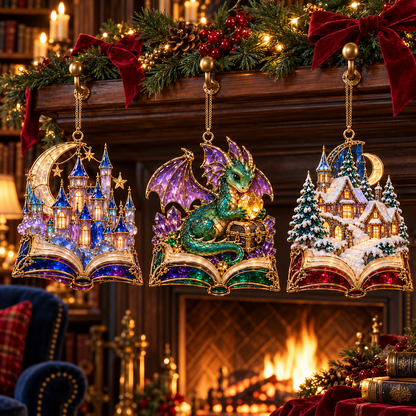 🎄 2026 Enchanted Storybook Christmas Ornaments – Set of 6 |  Stained Glass Fairy Tale Castle, Unicorn, Fairy, Mermaid, Dragon & Snowy Village Hanging Decorations | Magical Christmas Tree Ornaments & Fantasy Lover Gifts