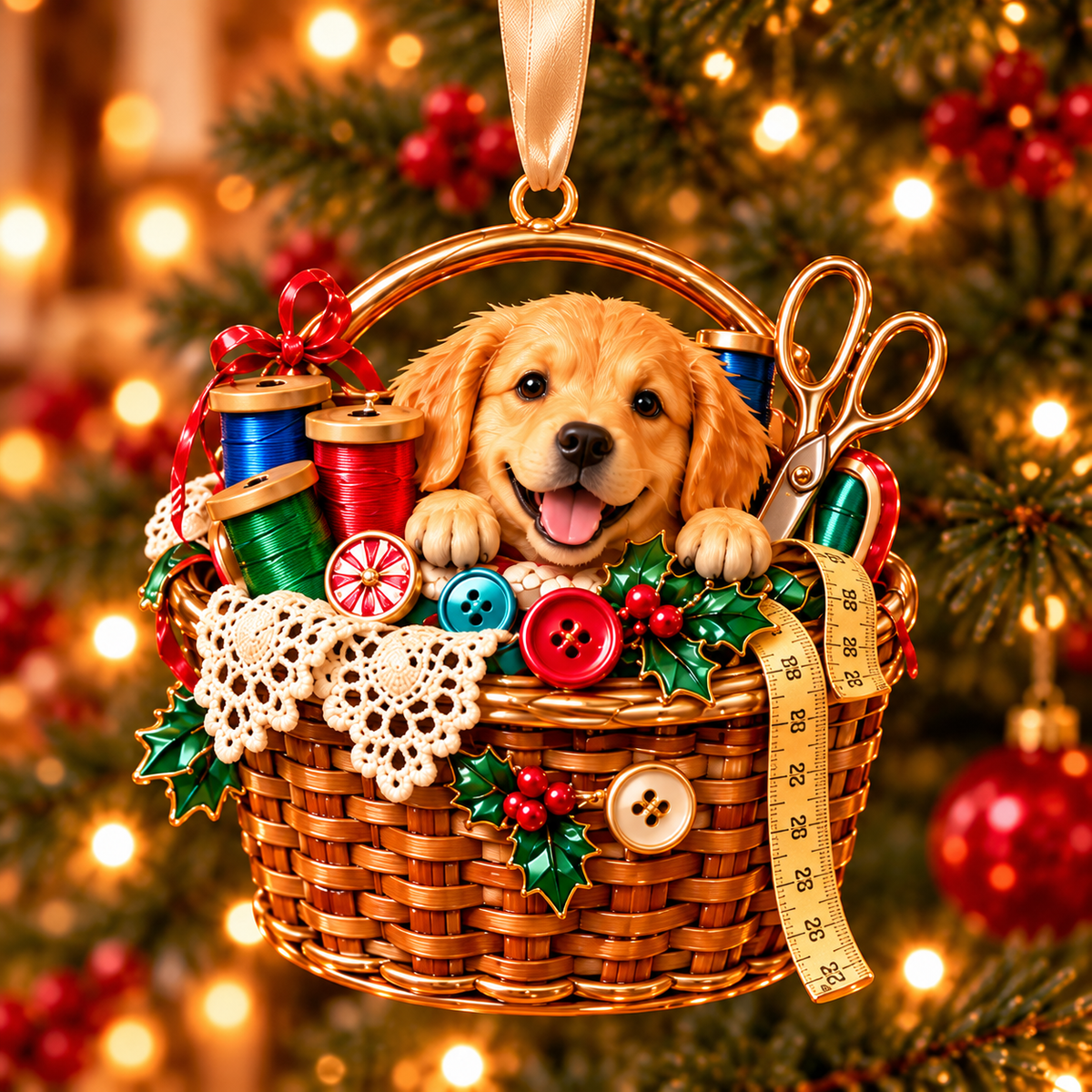 Golden Retriever Sewing-Themed Christmas Ornament