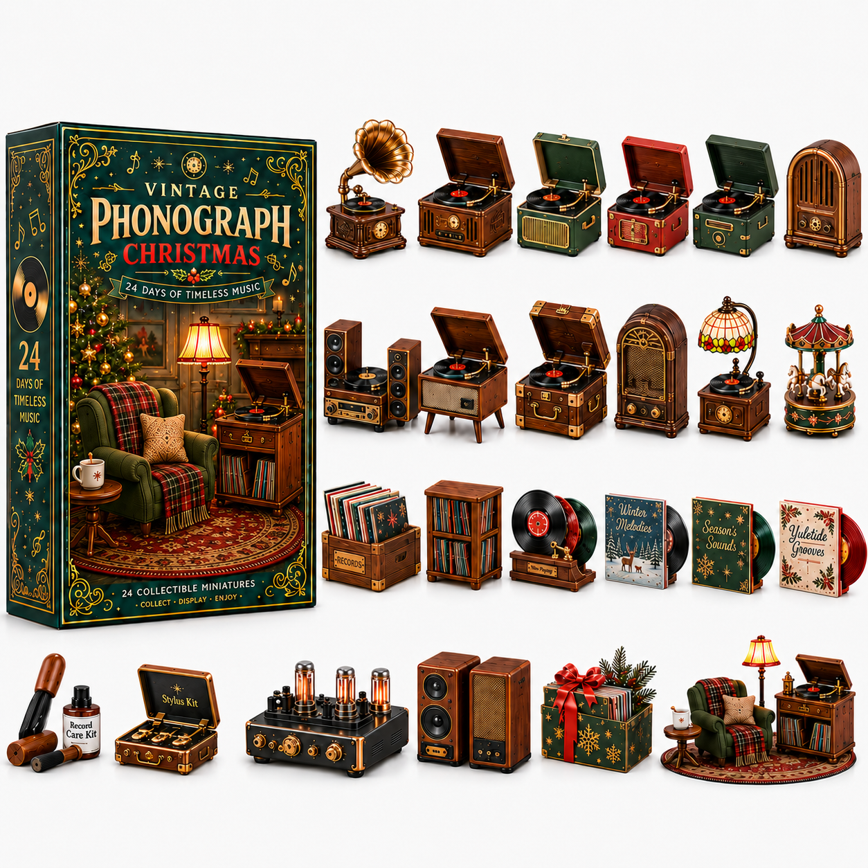 Vintage Phonograph Christmas Advent Calendar 2026 – 24 Days of Timeless Music Collectible Miniatures, Retro Record Player Countdown Gift for Music Lovers