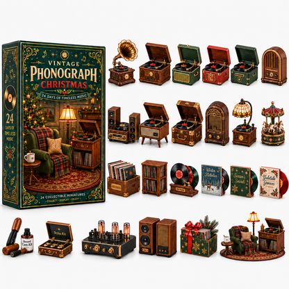 Vintage Phonograph Christmas Advent Calendar 2026 – 24 Days of Timeless Music Collectible Miniatures, Retro Record Player Countdown Gift for Music Lovers