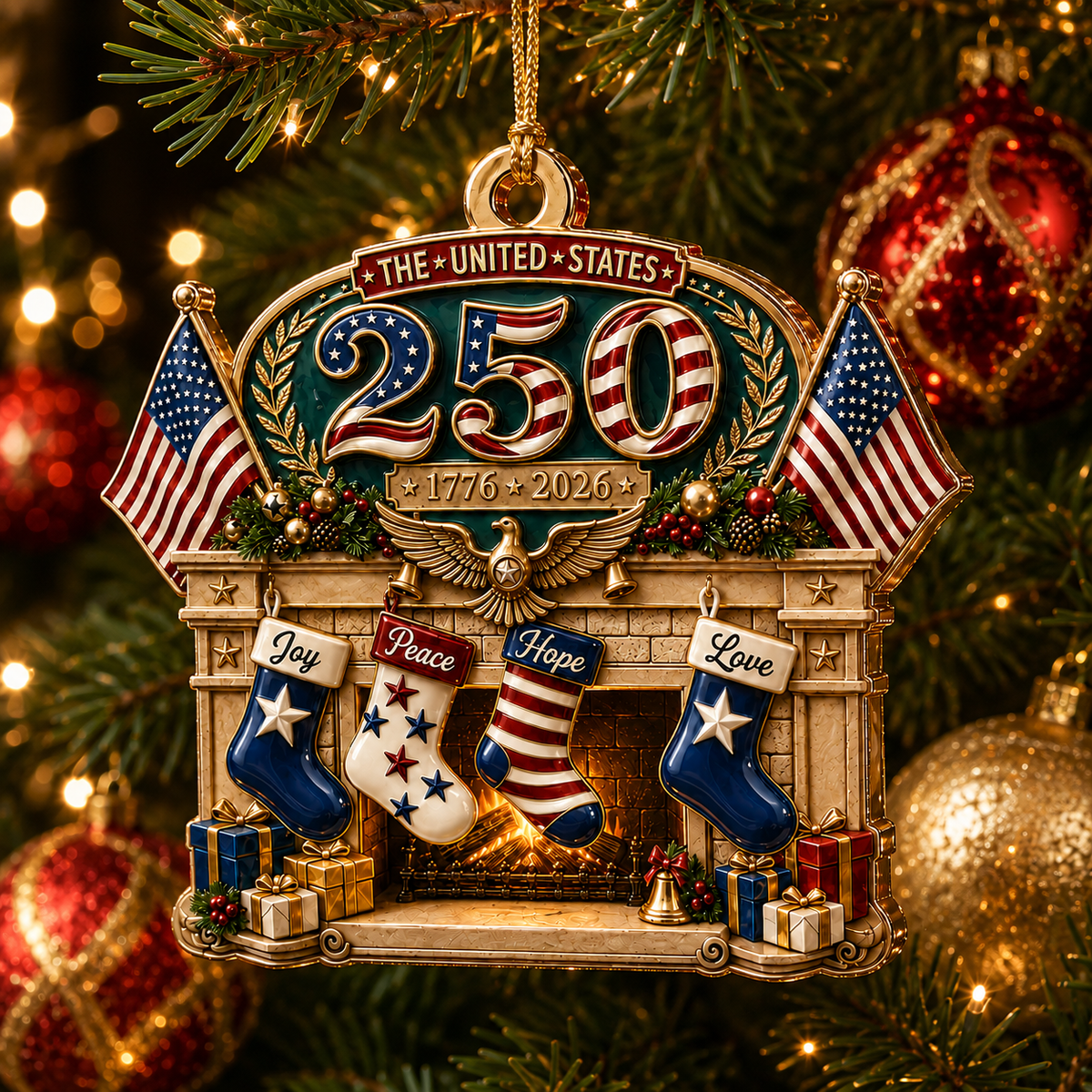 2026 USA 250th Anniversary Christmas Ornament – Patriotic Fireplace Stocking Decoration, Collectible Holiday Keepsake & Gift