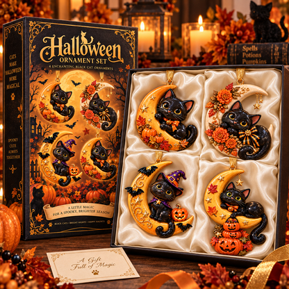 Black Cat Crescent Moon Halloween Ornament -  Spooky-Cute Hanging Keepsake Collection, Festive Halloween Gift for Cat Lovers & Family