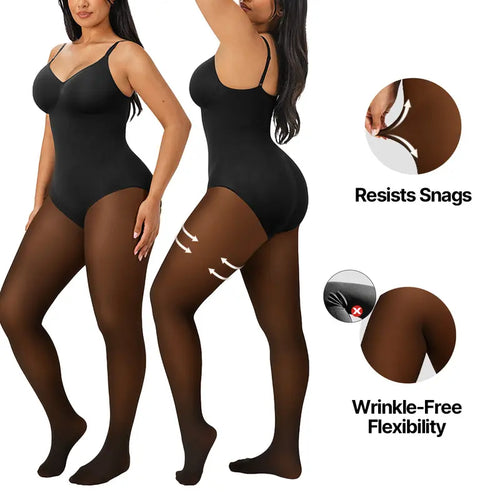 Women's Sheer-Panel Fleece-Lined Tights Bodysuit 🖤