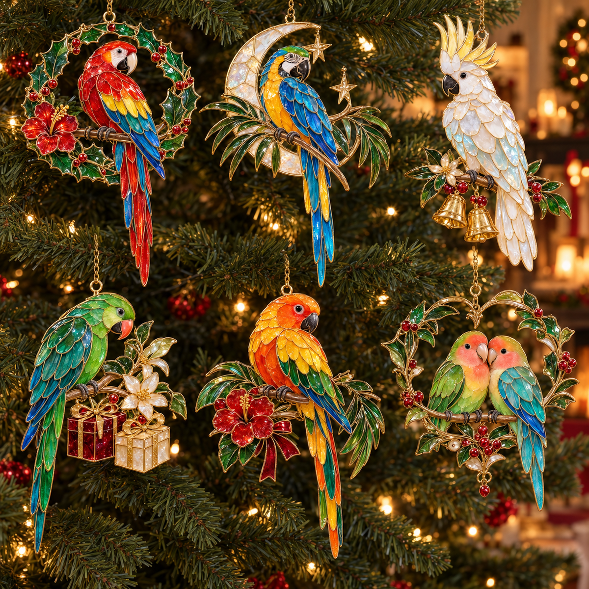 Tropical Parrot Christmas Ornaments – Vintage Stained Glass Style, Set of 6