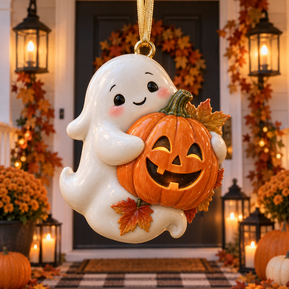 Cute Ghost & Pumpkin Halloween Ornament  –  Spooky-Cute Hanging Keepsake Collection, Fun Halloween Gift for Family & Ghost Lovers