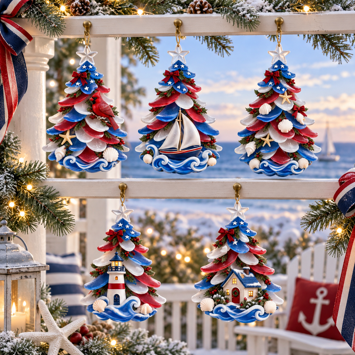 2026 Patriotic Coastal Christmas Tree Ornaments – Seaside Keepsake Designs in Red, White &amp; Blue