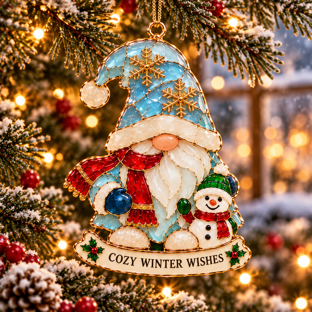 Gnome for the Holidays – 6-Piece Stained Glass–Style Christmas Ornament Set with Heartwarming Wishes
