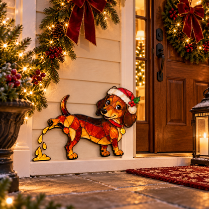 Funny Peeing Dachshund Christmas Decoration – Stained Glass-Style Sausage Dog Yard Art & Baseboard Decor