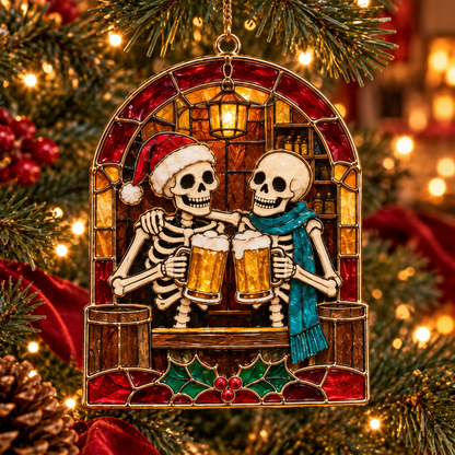Friends for Eternity – Vintage Stained Glass Style Skeleton Christmas Ornaments, Set of 6