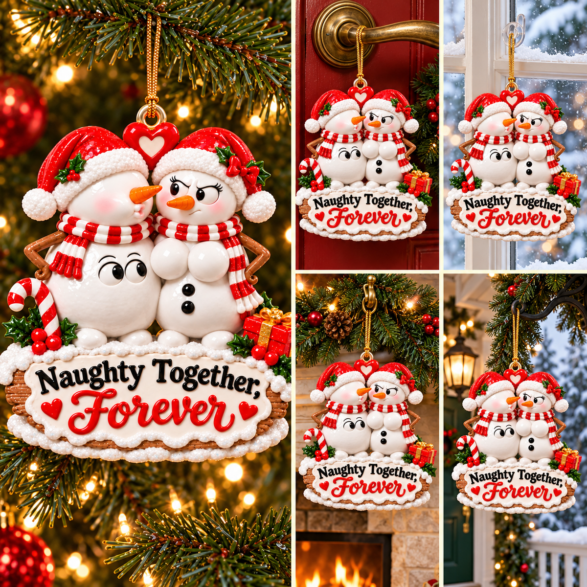Funny snowman couple ornament in multiple Christmas display locations
