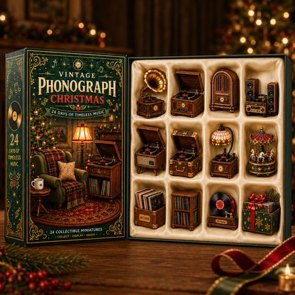 Vintage Phonograph Christmas Advent Calendar 2026 – 24 Days of Timeless Music Collectible Miniatures, Retro Record Player Countdown Gift for Music Lovers