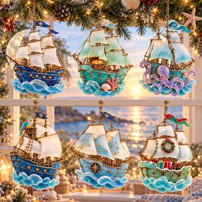 ⛵ 2026 Coastal Christmas Sailing Ship Ornaments – Set of 6 Nautical Holiday Keepsakes
