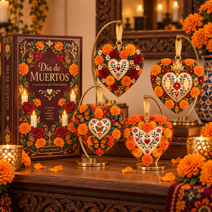 Día de Muertos Marigold Heart Ornament  – Floral Hanging Keepsake Collection, Meaningful Day of the Dead Gift for Family & Loved Ones
