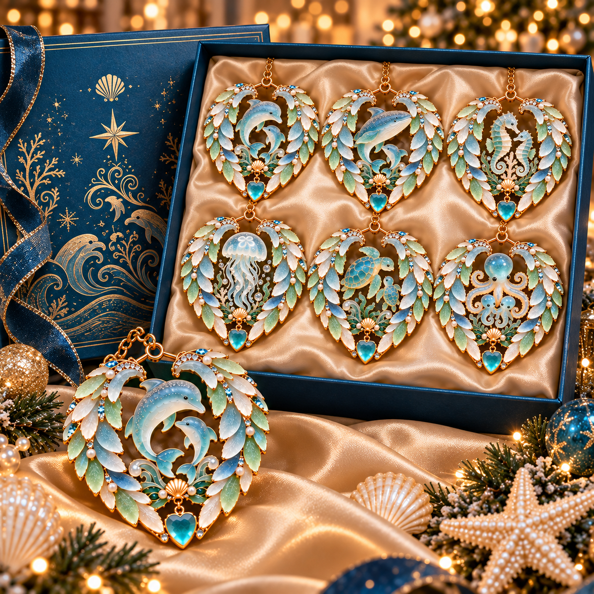 2026 Ocean Wonders Christmas Ornaments – 6-Piece Coastal Sea Life Heart Ornament Collection | Unique Christmas Tree Decorations & Gifts for Ocean Lovers