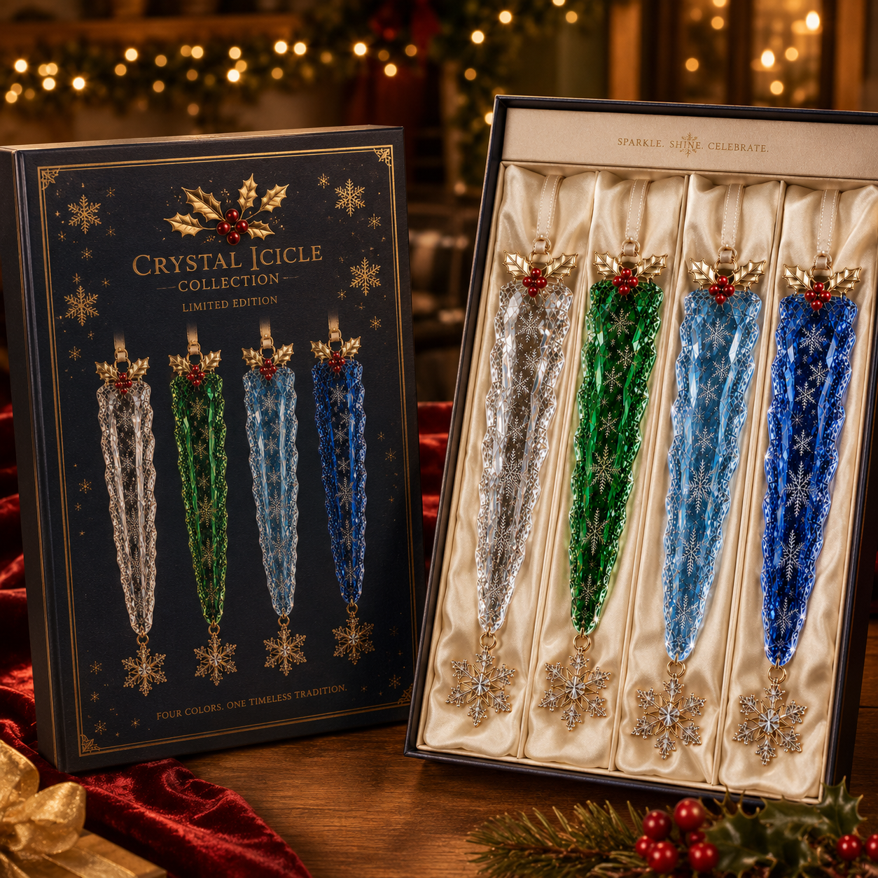 Premium Crystal Icicle Christmas Ornaments – 4-Piece Elegant Holiday Tree Decoration Set