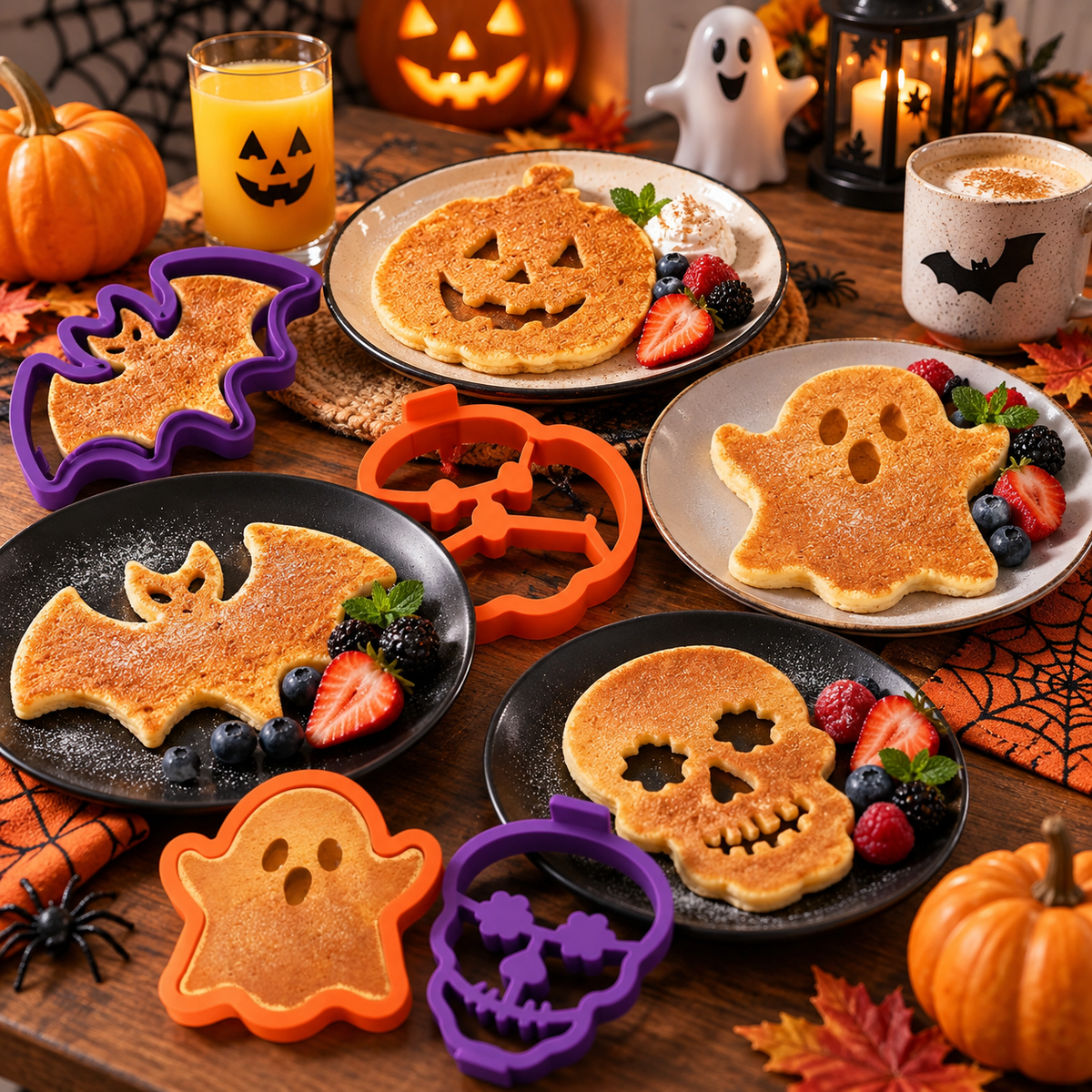 🎃 4-Piece Halloween Pancake Mold Set – Ghost, Bat, Pumpkin & Skull Silicone Breakfast Shapers - image 2
