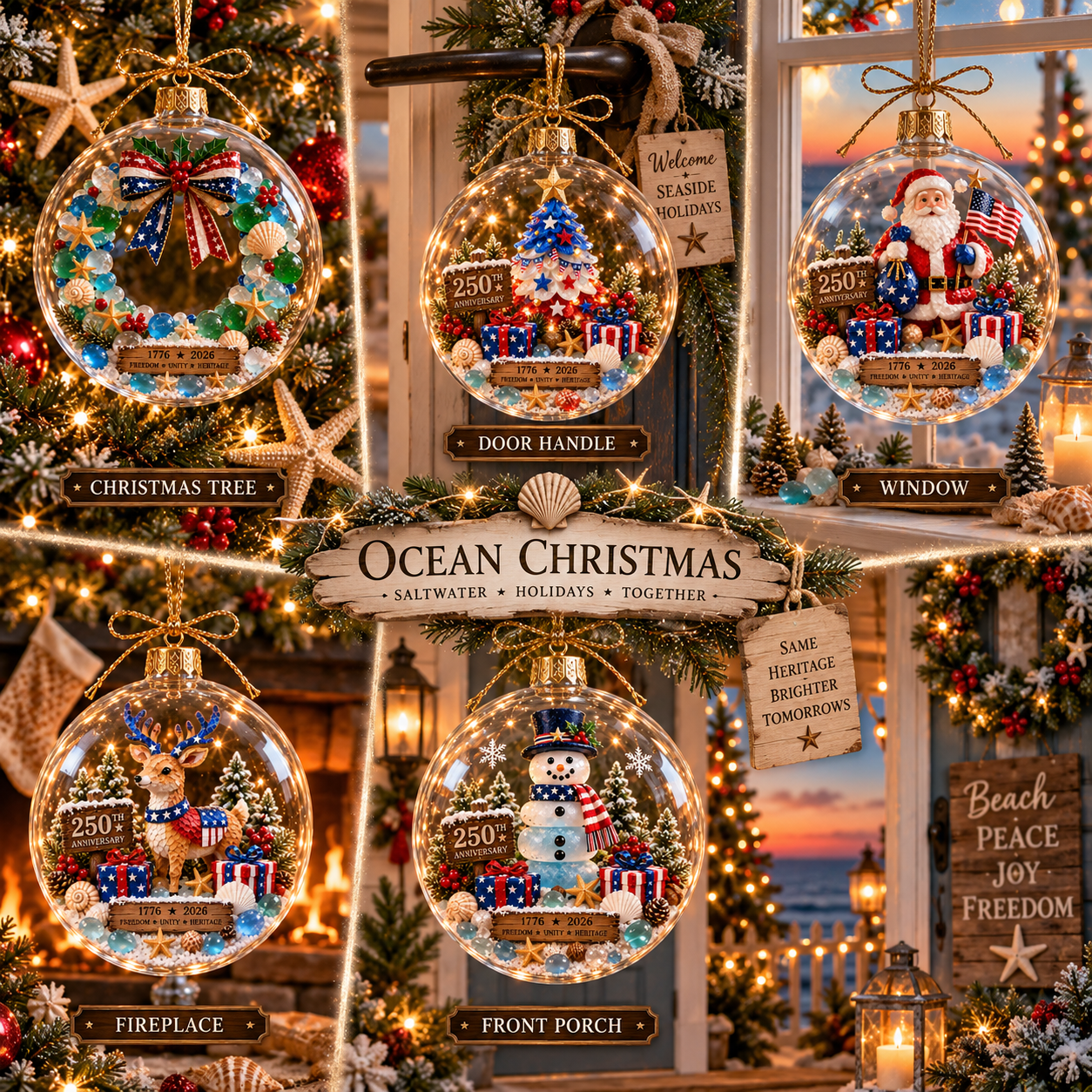 2026 250th Anniversary Ocean Christmas Series – Coastal Holiday Globe Ornament Collection with Santa, Snowman, Reindeer & Christmas Tree Keepsakes