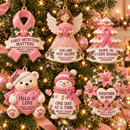Pink Ribbon Christmas Ornaments – 6-Piece Breast Cancer Awareness Gift Set of Hope, Love & Support
