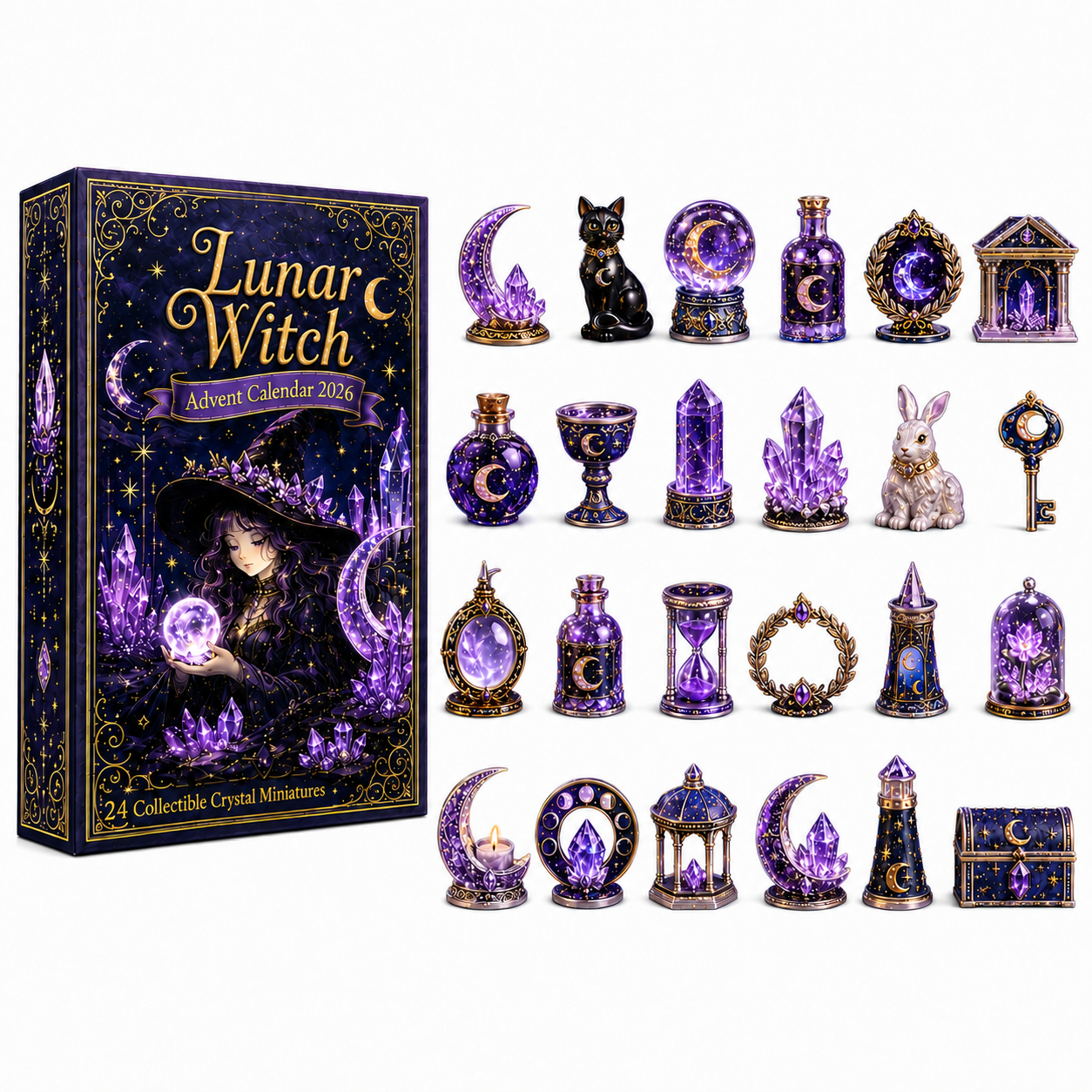 Lunar Witch Advent Calendar 2026 – 24 Enchanted Crystal Miniatures for a Magical Moonlit Countdown