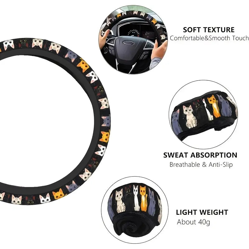 Cute Cat Pet-Themed Pattern, Single-Pack Car Steering Wheel Cover, Comfortable Grip 🐱