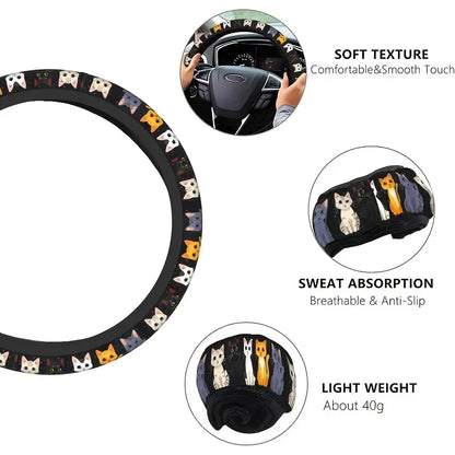 Cute Cat Pet-Themed Pattern, Single-Pack Car Steering Wheel Cover, Comfortable Grip 🐱