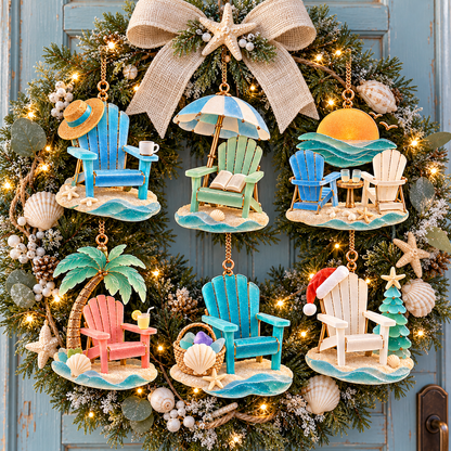🏖️ 2026 Coastal Christmas Beach Chair Ornaments – Set of 6 Seaside Holiday Keepsakes