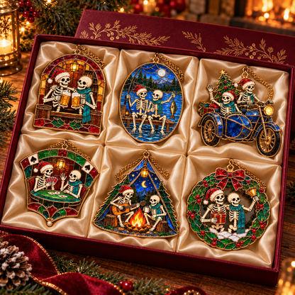 Friends for Eternity – Vintage Stained Glass Style Skeleton Christmas Ornaments, Set of 6