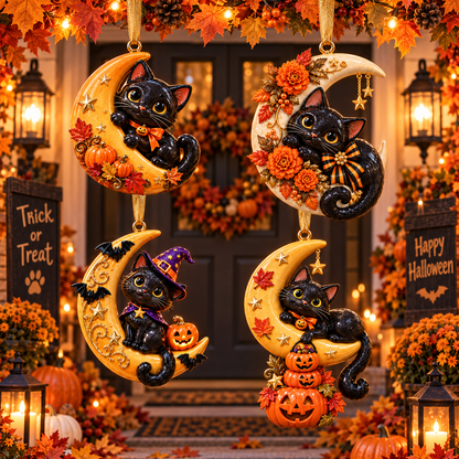 Black Cat Crescent Moon Halloween Ornament -  Spooky-Cute Hanging Keepsake Collection, Festive Halloween Gift for Cat Lovers & Family
