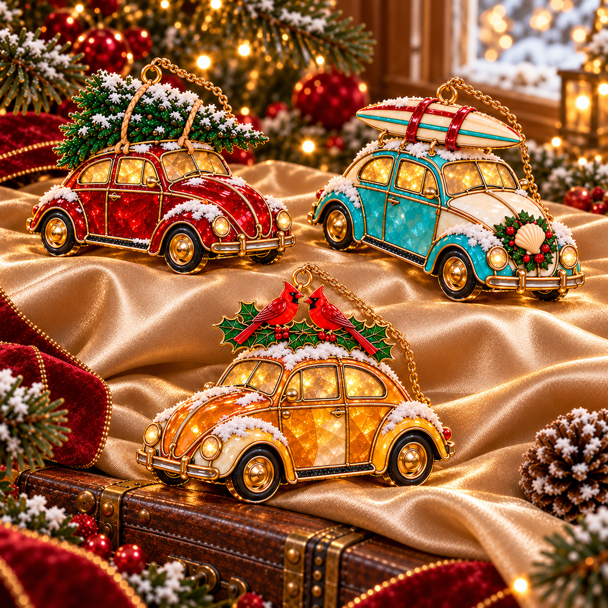 Vintage Christmas Rides – 6-Piece Stained-Glass Style Car Ornament Set