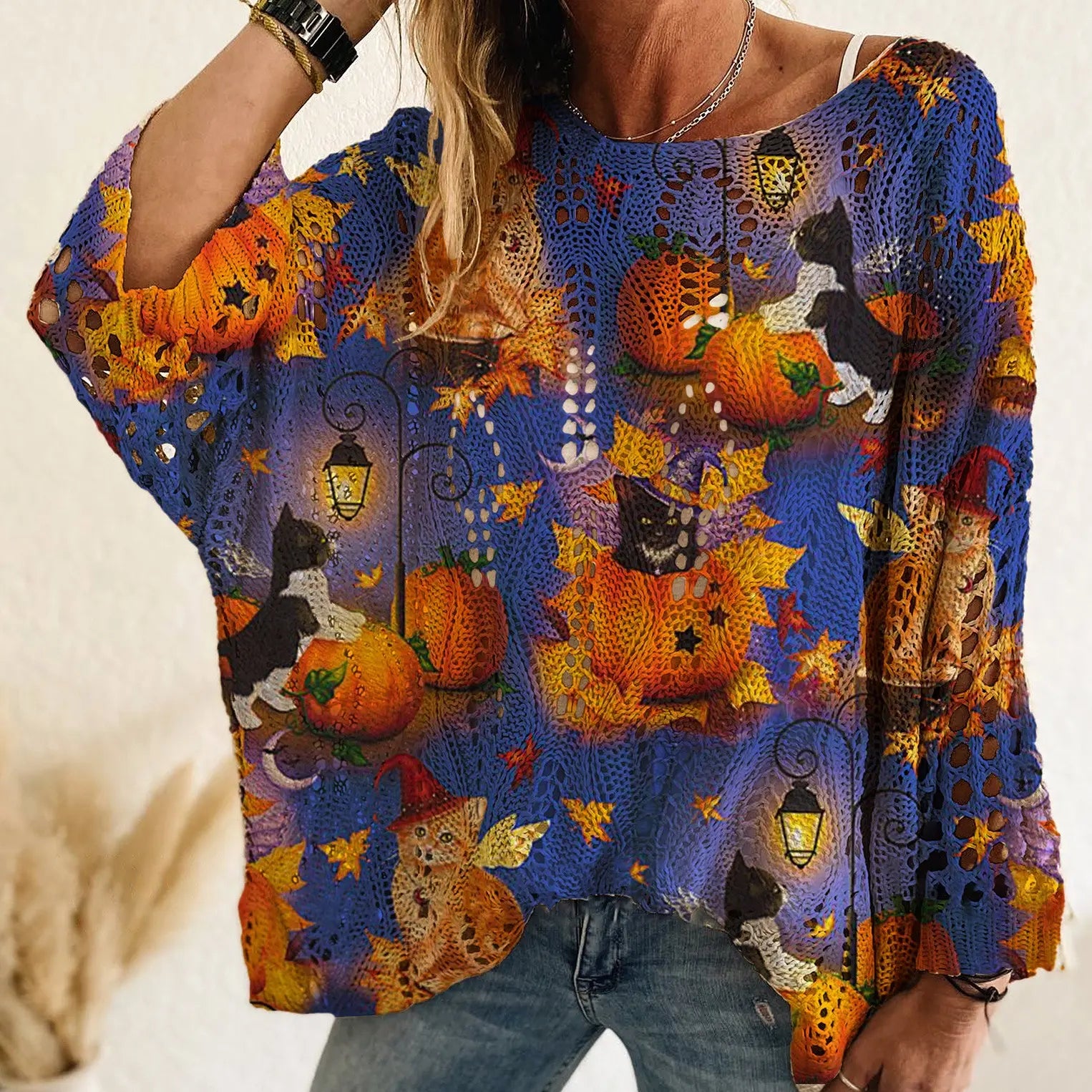 Women's Long-Sleeve Style Knitwear Piece, Halloween Pumpkin-Bat Print Casual Fall Pullover🎃 - image 16