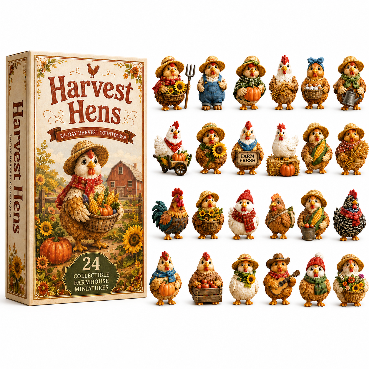 Harvest Hens Advent Calendar 2026 – 24 Days of Farmhouse Chicken Collectibles, Autumn Harvest Surprises & Gifts for Chicken Lovers, Acrylic Charms Blind Box
