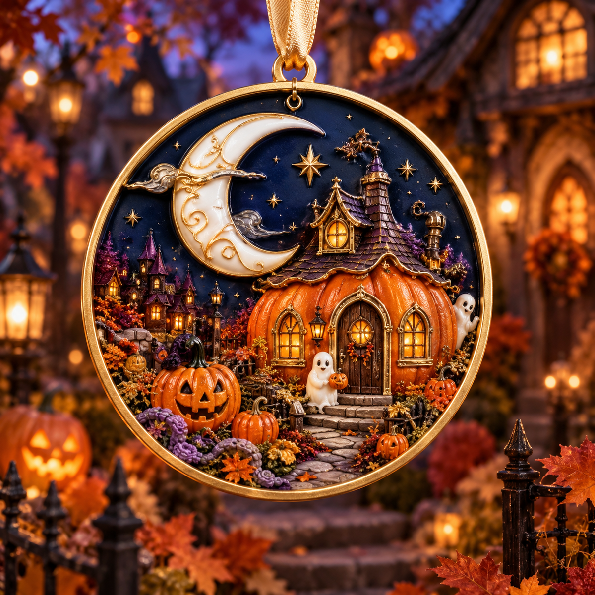 2026 Moonlit Halloween Village Hanging Ornaments – 9 Enchanting Designs with Witches, Ghosts & Pumpkin Magic