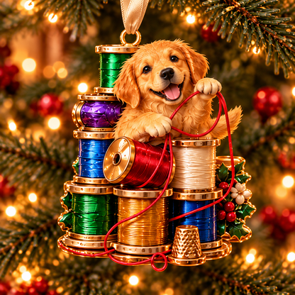 Golden Retriever Sewing-Themed Christmas Ornament
