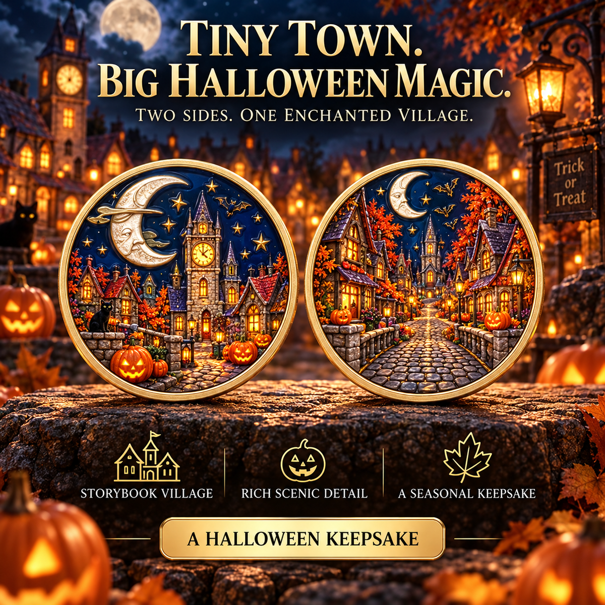 2026 Enchanted Halloween Collectible Coins – 8 Double-Sided Designs with Witches, Ghosts & Moonlit Villages
