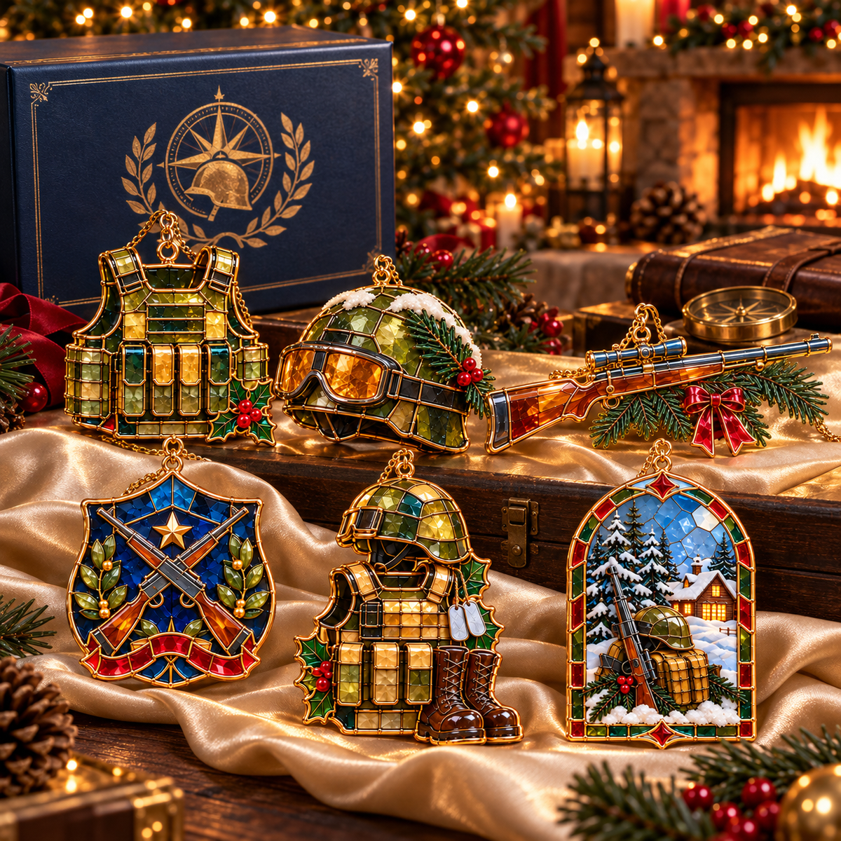 ✨ 2026 Military Christmas Ornaments – Set of 6 |  Vintage Stained Glass Tactical Vest, Military Helmet, Rifle & Soldier Gear Hanging Decorations | Christmas Tree Ornaments & Unique Gifts for Veterans & Military Families