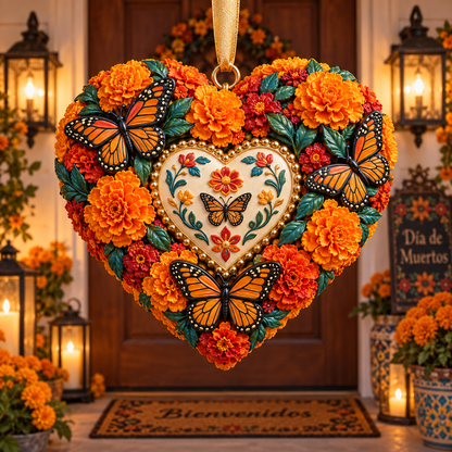 Día de Muertos Marigold Heart Ornament  – Floral Hanging Keepsake Collection, Meaningful Day of the Dead Gift for Family & Loved Ones