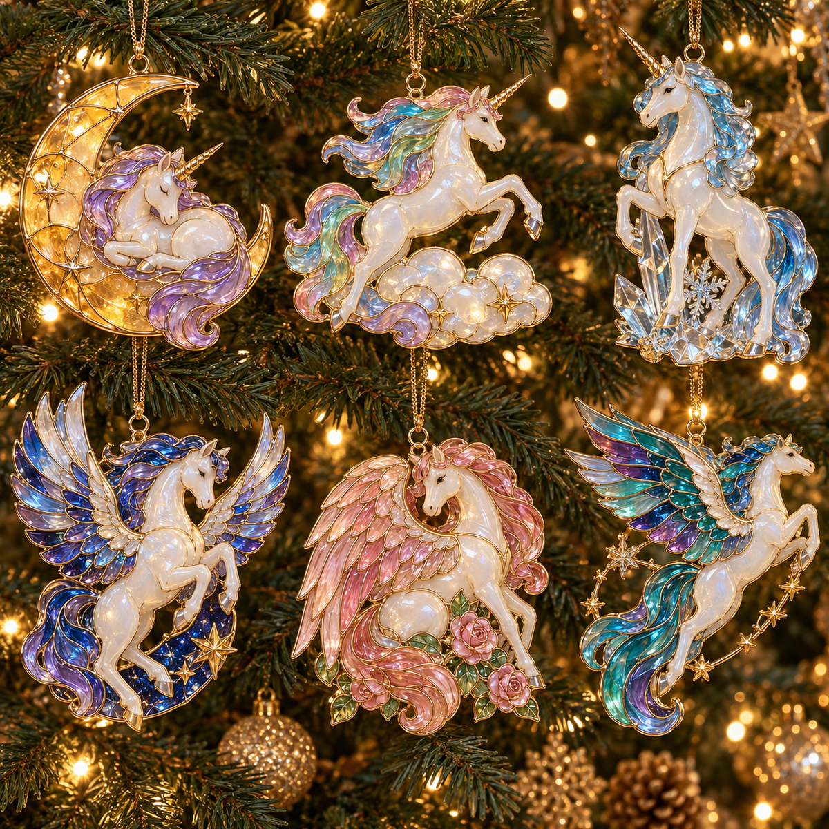 ✨ 2026 Enchanted Stained Glass Unicorn Christmas Ornaments – Set of 6