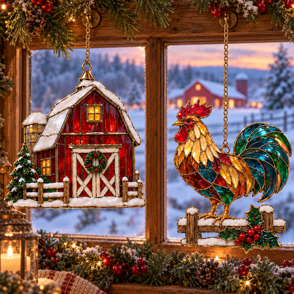 Country Christmas Charm – 6-Piece Vintage Stained Glass–Style Ornament Set