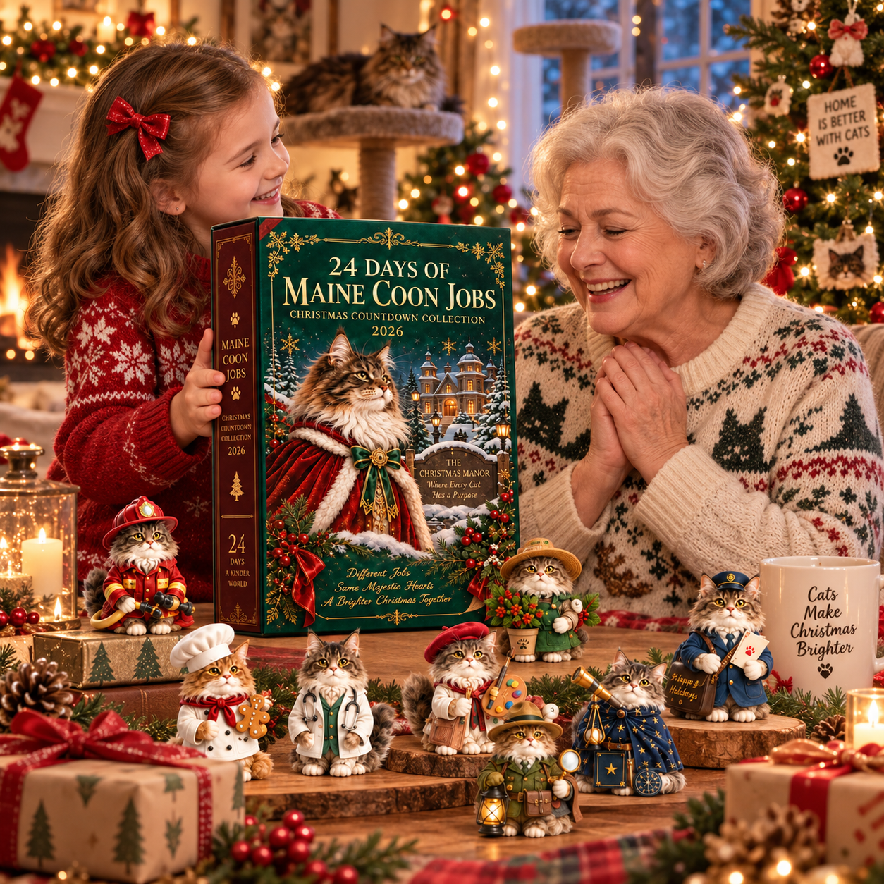 2026 Maine Coon Jobs 24-Day Christmas Countdown Calendar – 24 Unique Career Cat Miniatures, Festive Collector’s Gift for Maine Coon & Cat Lovers