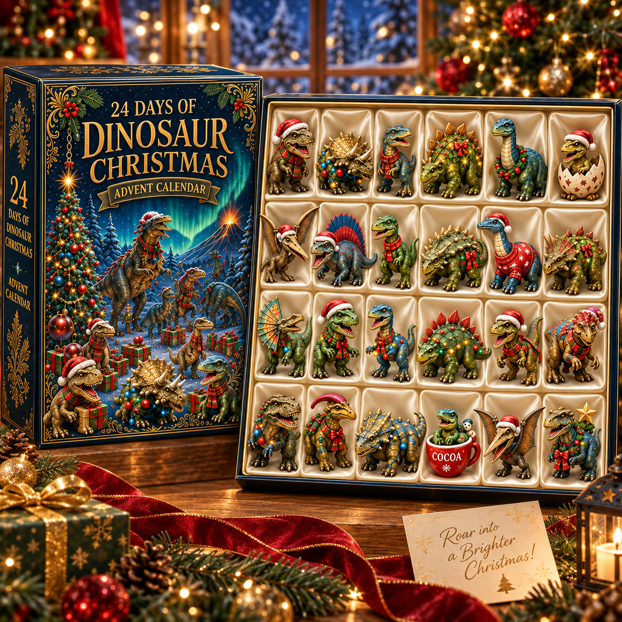 2026 Dinosaur Christmas 24-Day Countdown Calendar – 24 Unique Festive Dinosaur Miniatures, Fun Prehistoric Advent Collection & Christmas Gift for Dinosaur Lovers