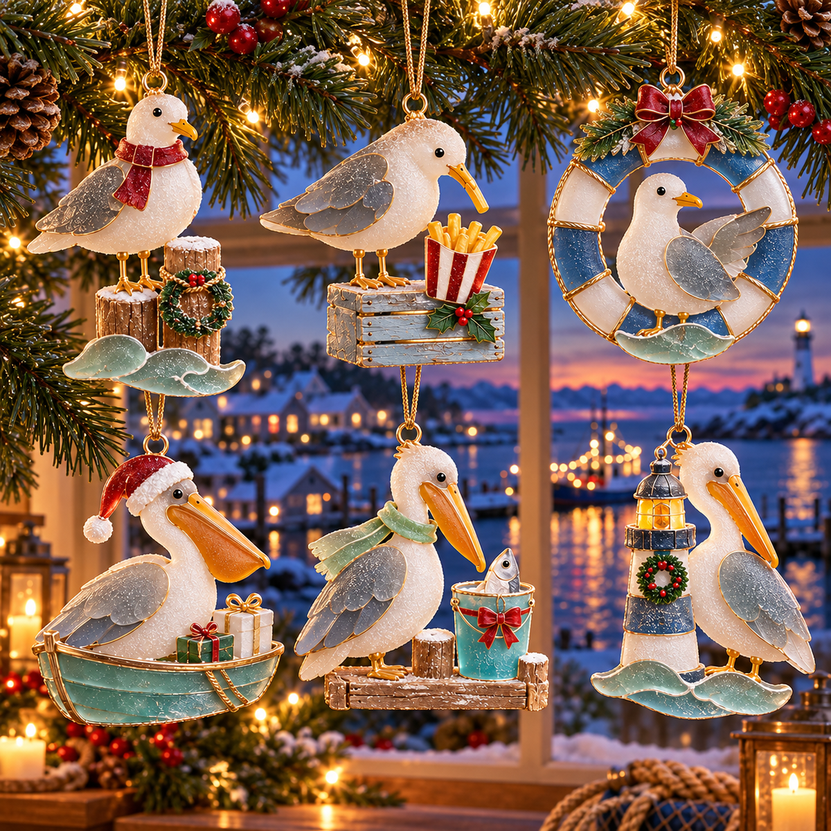 🌊 2026 Coastal Christmas Seabird Ornaments – Set of 6 Festive Seagull & Pelican Keepsakes