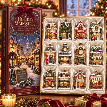 2026 Holiday Main Street 24-Day Christmas Countdown Calendar – 24 Unique Christmas Village Shop Miniatures, Charming Snowy Town Collector’s Gift