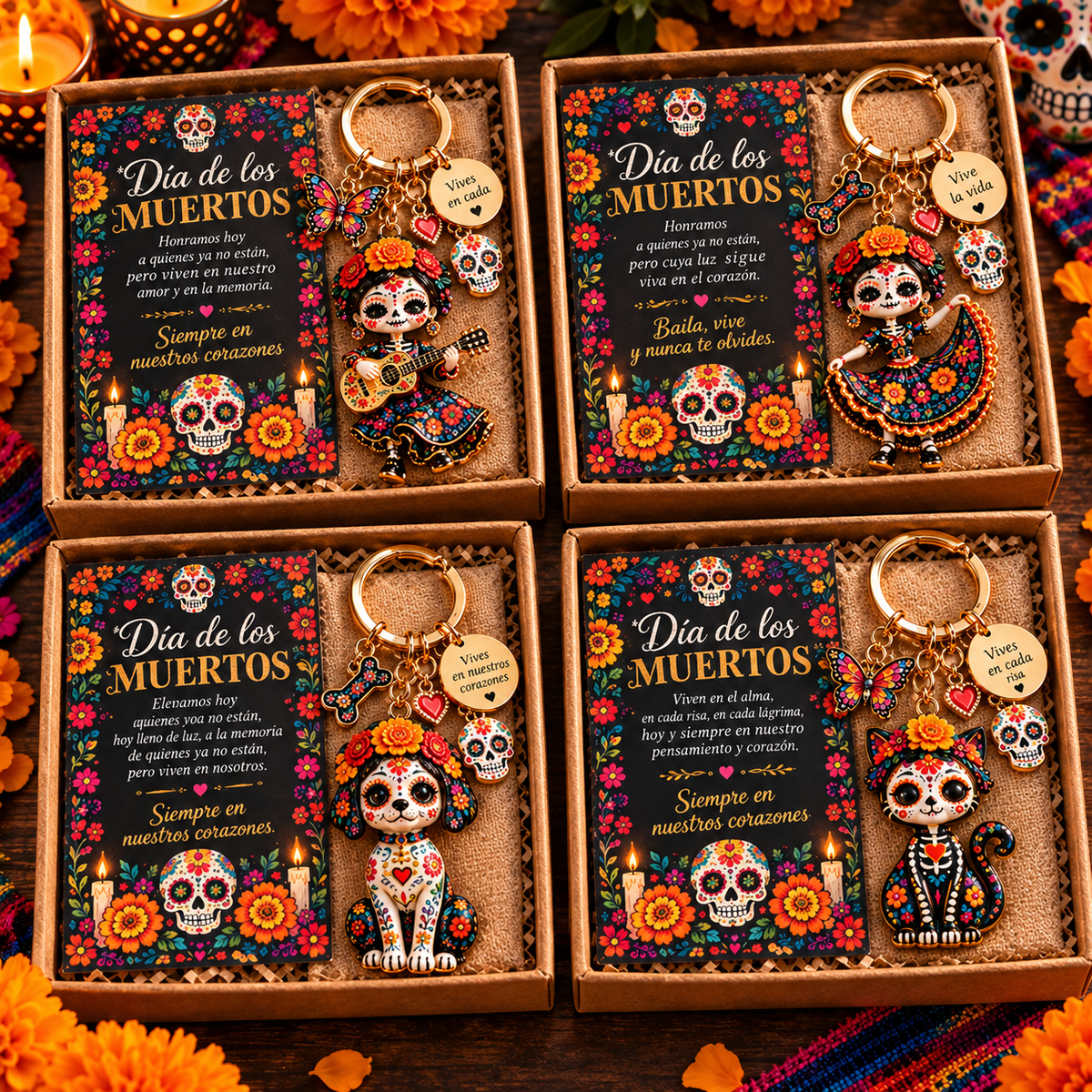 2026 Día de Muertos Keepsake Keychains – 4 Colorful Designs with Remembrance Cards