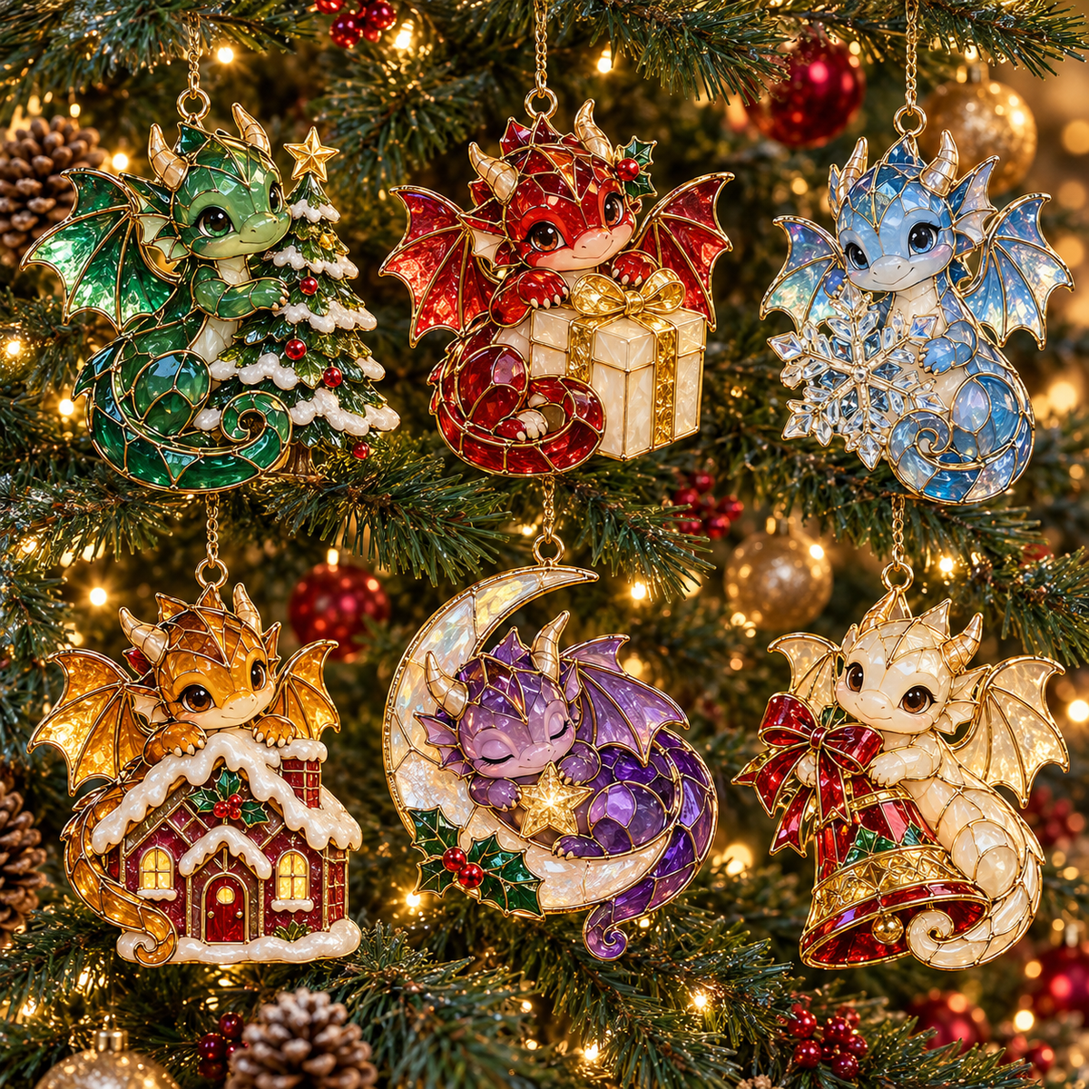 Enchanted Christmas Dragons – 6-Piece Vintage Stained Glass-Style Ornament Set