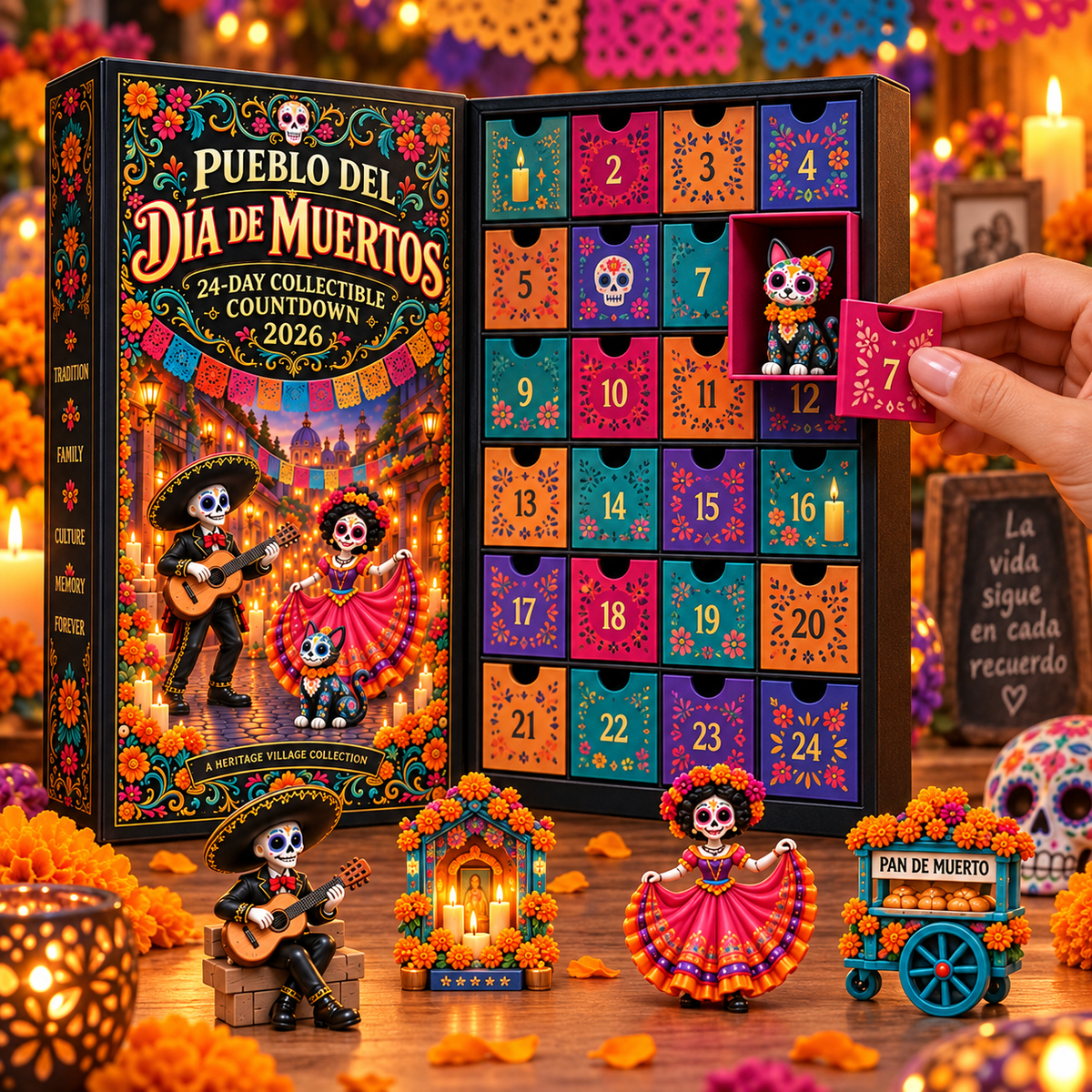 Numbered 24-drawer Pueblo del Día de Muertos countdown box with collectible cat reveal