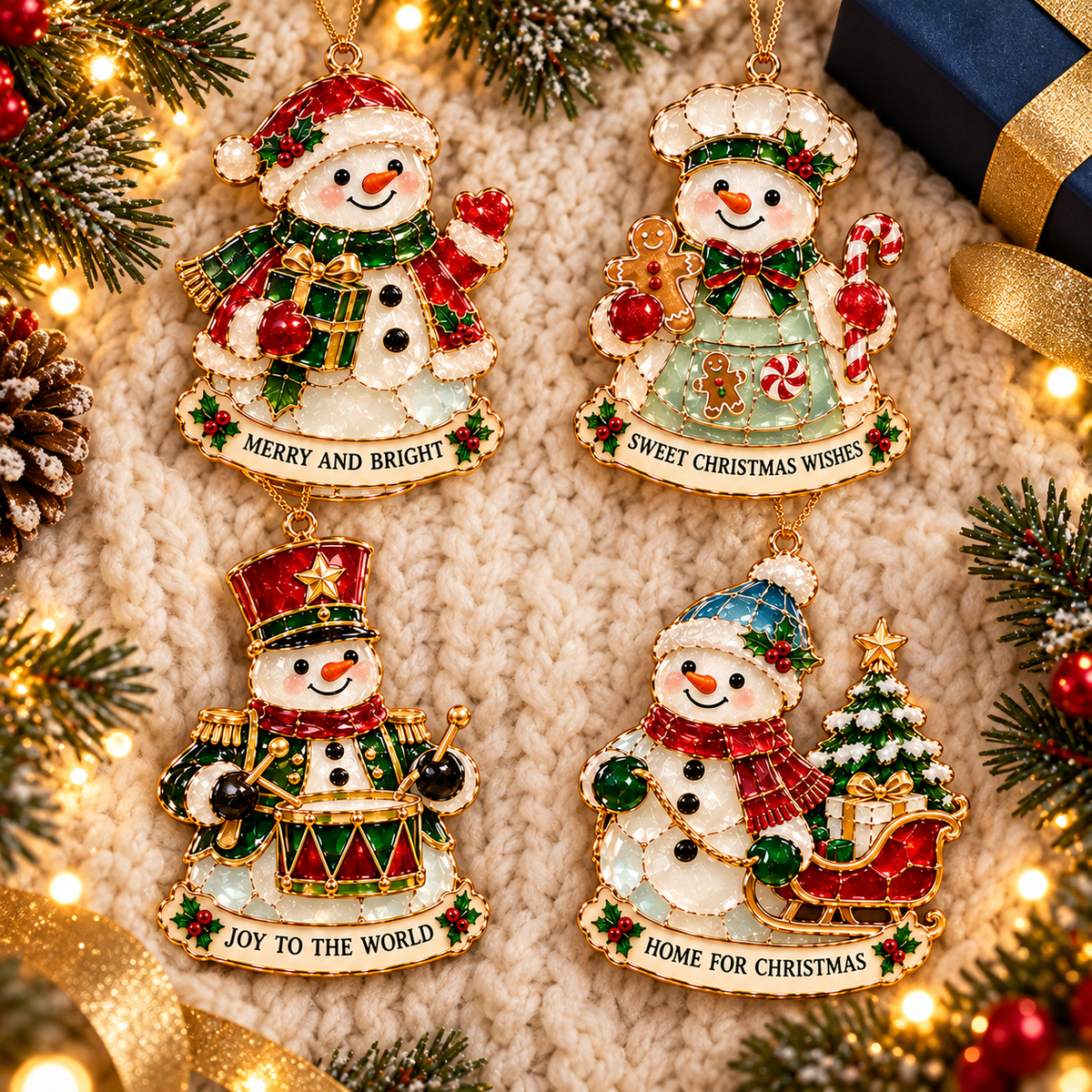 Christmas Snowman Ornament Collection – 6 Charming Stained Glass–Style Designs with Heartwarming Wishes